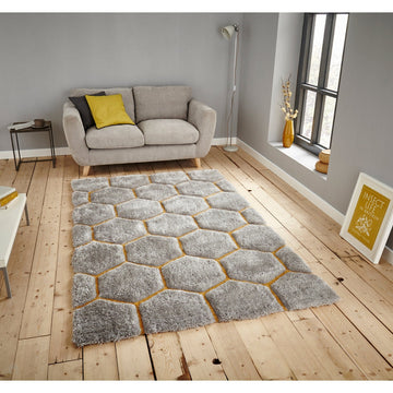 Noble House NH30782 Plush Geometric 3D Hexagon Hand-Carved High-Density Acrylic Shaggy Grey/Yellow Rug-Think Rugs-Rug Love - The Most Loved Rug Store